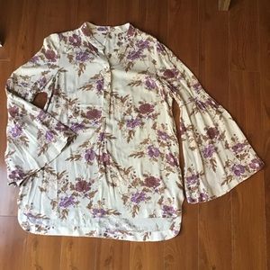Free People Easy Girl bell sleeve floral henley tunic top women’s size large